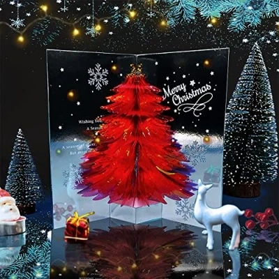 Afbeelding van 3D wenskaart, pop up kerstkaart, kristal, kerstboom, dennenboom, cadeaukaart, driedimensionale kaarten, Kerstmis, vouwkaarten met envelop, rood