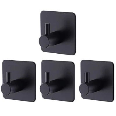 Afbeelding van Billybath Zelfklevende handdoekhouder, zwart, mat, zonder boren, roestvrij staal, voor badkamer en keuken, badkamer, wandhaken, robuust, stabiel, eenvoudige montage, 4 stuks