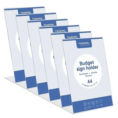 Afbeelding van Europel Budget tafelstandaard, 6 stuks, L standaard, DIN A4 hoog, glashelder polystyreen 1,5 mm, menukaarten en brochurestandaard voor restaurants, hotels, conferentie receptie