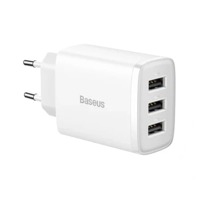 Afbeelding van Baseus Compacte Oplader met 3 USB A Poorten 17 W Voedingsadapter EU Stekker Wit