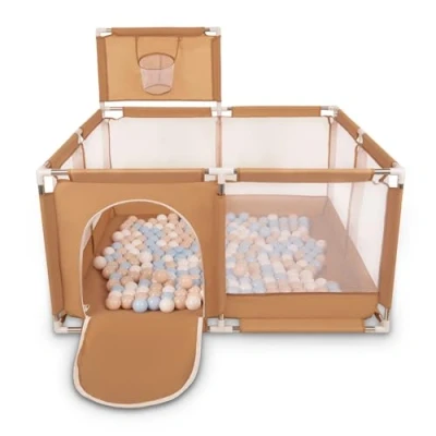 Afbeelding van Selonis Square Babybox Met Plastic Ballen, Basketbal, Beige:Pastelbeige/Pastelblauw/Wit,200 Ballen