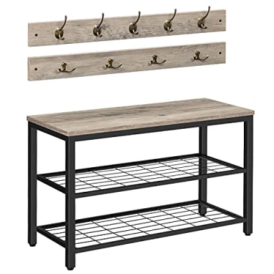 Afbeelding van HOOBRO kapstok schoenenrek set, garderobe met schoenbank, zitting, kledingrek 9 haken, bankje, 2 rasterplanken, ruimtebesparend, entryway, hal, industrieel EBG07MT01