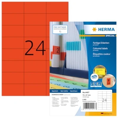 Afbeelding van HERMA 4407 Gekleurde etiketten A4 (70 x 37 mm, 100 velles, papier, mat) zelfklevend, bedrukbaar, permanent klevende retail labels, 2400 voor printer, rood