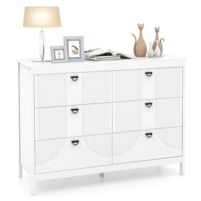 Afbeelding van COSTWAY Commode met 6 laden, dressoir, wit van hout, ladekast, modern, opbergkast metalen handgrepen en kantelbeveiliging, ladekast voor slaapkamer, woonkamer