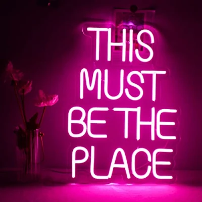Afbeelding van Neonverlichting, bord, &#039;This Must Be The Place&#039;, muurdecoratie, roze, led, neon, USB aansluiting, voor slaapkamer, bar, bruiloft, verjaardagsfeestje, cadeau meisjes