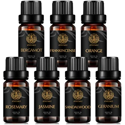 Afbeelding van Aromatherapie bergamot etherische olie set voor diffuser, 7 x 10 ml 100% pure jasmijn kit luchtbevochtiger wierook, geranium, sinaasappel, rozemarijn, sandelhout oliën