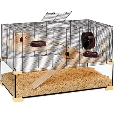 Afbeelding van Ferplast 57056317W1 Kooi voor hamsters, muizen en knaagdieren KARAT 100, Structuur op twee verdiepingen met accessoires, in glas zwart gelakt metaal, 98,5 x 50,5 h 61,5 cm, L