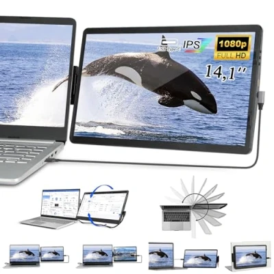 Afbeelding van draagbare laptopschermverlenger, 14,1 inch Full HD IPS monitor voor laptop, laptopmonitorverlenger, dubbele monitor, compatibel met Mac, PC, Chrome en Windows, Mini HDMI Plug and Play