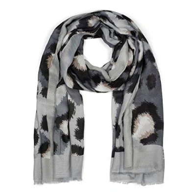 Afbeelding van styleBREAKER Dames Sjaal met abstracte oversized Leo print en korte franjes, Lichte Sjaal, Stola 01016207, Kleur:Grijs zwart