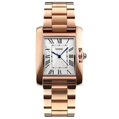 Afbeelding van TONSHEN Damesmode analoog quartz horloge rechthoekige roestvrijstalen kast met band horloges, Goud, armband