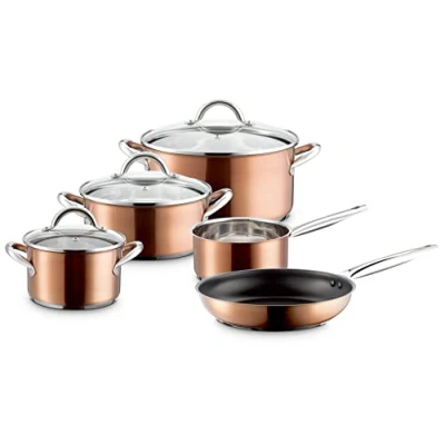 Afbeelding van Mäser Asterion Pannenset in modern koperkleurig design, 4 potten, 1 pan met antiaanbaklaag en 3 glazen deksels set, voor alle warmtebronnen, incl. inductie, roestvrij staal, glas, koper