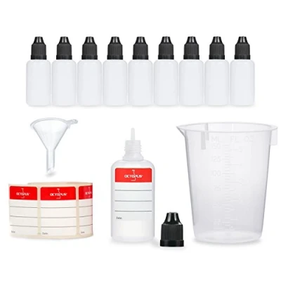 Afbeelding van 10 x 30 ml druppelflessen met trechter + maatbeker etiketten, bijv. voor e liquids vloeistoffen, LDPE kunststofflessen, vloeistofdoseringsflessen, of knijpflessen zwarte doppen