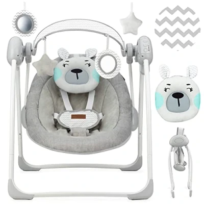 Afbeelding van Momi Liss Teddy turquoise rocker met automatische trillingsfunctie, voor kinderen tot 9 kg, 5 snelheden, het vermogen om de werktijd, stroomvoorziening of batterijen in te stellen