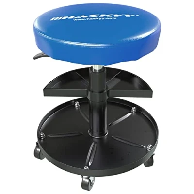 Afbeelding van Haskyy kruk met wieltjes, blauw, werkplaatskruk, in hoogte verstelbaar en 360 draaibaar, Ø 38,5 cm, 2 planken, 390 520 mm