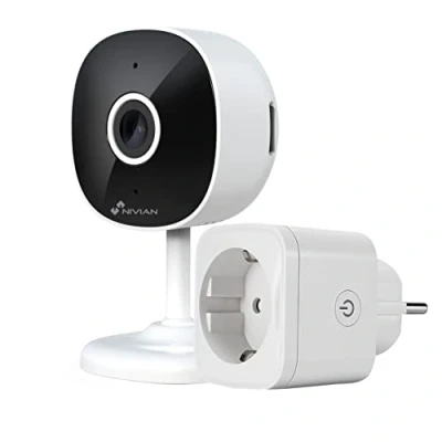 Afbeelding van NIVIAN Camera + wifi stopcontact 2,4 GHz opname op microSD (niet meegeleverd) 2 K mensenherkenning, bidirectionele audio, geschikt voor gebruik binnenshuis, compatibel met Amazon Alexa en Google