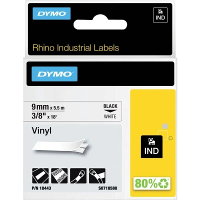 Afbeelding van DYMO Rhino industriële Vinyl labels 9 mm x 5,5 m zwarte afdruk op wit zelfklevende voor &amp; LabelManager labelprinters