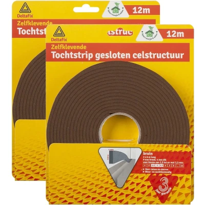 Afbeelding van Tochtstrip 2x tochtwering bruin zelfklevend universeel 12 m x 9 mm 4 Tochtstrippen