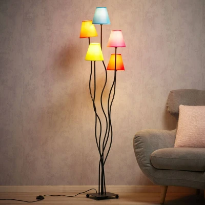 Afbeelding van näve Staande lamp Colori 5 vlamig, kleurrijke textielkappen oranje, groen, roze, blauw en rood hoogte 156 cm (1 stuk)