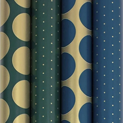 Afbeelding van Clairefontaine 202053AMZC een doos met 10 rollen cadeaupapier Excellia papier 80 g afmetingen: 5 x 0,70 m motief: stippen, blauw, groen, goud geschenkverpakking