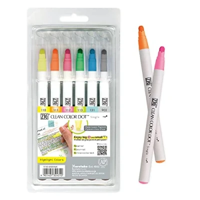 Afbeelding van Kuretake ZIG CLEAN COLOR DOT Marker Pens, Single 6 HIGHLIGHT Colors Set, AP Certified, Ideal for marking in planners or bullet journals, Made Japan