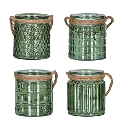 Afbeelding van levandeo Set van 4 windlicht H10 cm glas groen kaki theelichthouder tafeldecoratie kaarsen decoratie kandelaar vlas