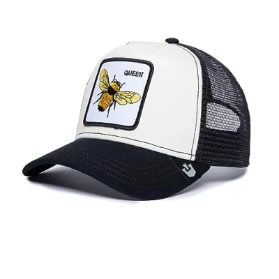 Afbeelding van Goorin Bros. The Farm Original Core Unisex verstelbare truckerspet met kliksluiting achter. Zwart/wit (The Queen Bee), eenheidsmaat., one size