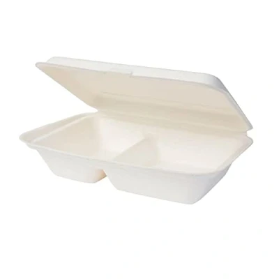 Afbeelding van GREENBOX Bio wegwerp bagasse kommen suikerriet biologisch afbreekbaar lunchbox gedeeld 2 compartimenten klapdeksel doos schaal composteerbaar 650 ml 50 menuschalen rechthoekig 25 x 16,5 cm wit