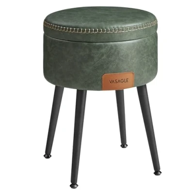 Afbeelding van VASAGLE EKHO Collectie Opbergkruk, kaptafelkruk, PU met stiksels, midden van de eeuw modern, ronde opbergkruk stalen poten, capaciteit 150 kg, bosgroen LOM005C01