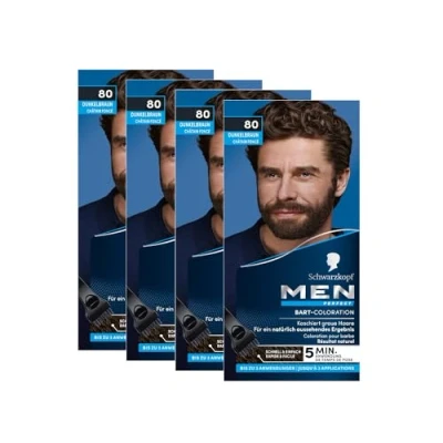 Afbeelding van Schwarzkopf Men Perfect Bart Coloration 80 Natuur, zwart bruin, niveau 2 (4 x 30 ml), baardkleurmiddel voor het camoufleren van grijs haar een natuurlijk uitziend resultaat, snel gebruik