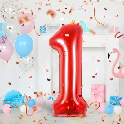 Afbeelding van Ballonnen verjaardag 1 jaar rood 101 cm ballon cijfer decoratie vlinderdas met helium