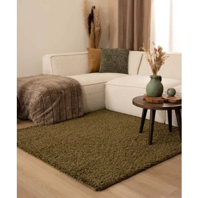 Afbeelding van Vierkant Hoogpolig Vloerkleed Shaggy Trend Effen Olijfgroen 160x160 Cm
