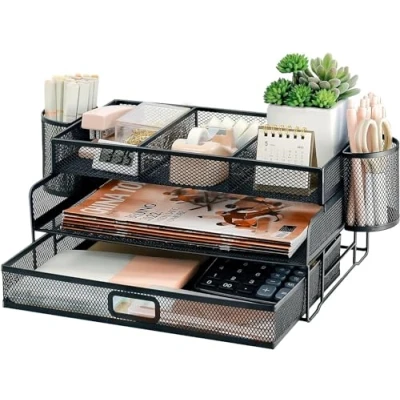 Afbeelding van Mesh Bureau Organizer Lade, Papier Brieflade met 2 Tier A4 Desktop File Top Briefpapier Houder, Extra Divider (2 Penhouder)