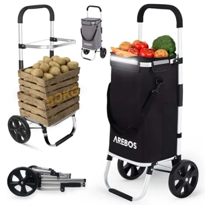 Afbeelding van Arebos 3in1 boodschappentrolley trolley groot 56 liter met koelvak boodschappentas wieltjes opvouwbare shopper tas afneembaar handtrolley zwart