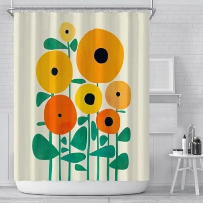 Afbeelding van Douchegordijn, groen, plantenbloemen, waterdicht, schimmelbestendig, polyester, sneldrogend, wasbaar, lange gordijnen, inclusief 12 gordijnhaken, 180 x 200 cm