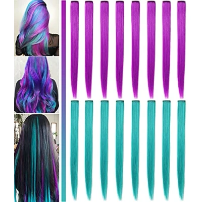 Afbeelding van JCHDWSGUO 2 Kleur 16 Pcs Gekleurd Haar Extensies clip in Party Hoogtepunten 21 inches Accessoires voor Meisjes Vrouwen Kids Rechte Mode Haarstukken (Turkoois, Paars)