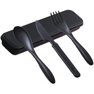 Afbeelding van Herbruikbare reis bestekset met etui, draagbaar plastic vork, lepel, mes, bestek, campingbestek voor school, werk, picknick of dagelijks gebruik (zwart)