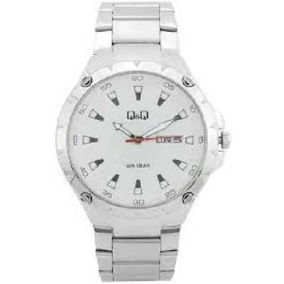 Afbeelding van Stoer herenhorloge van Q&amp;Q model a216j201y met dag en datum aanduiding 5 bar waterdicht