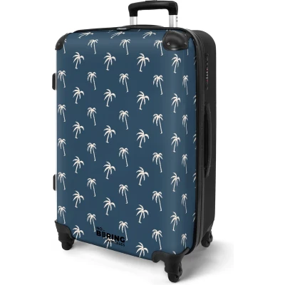 Afbeelding van NoBoringSuitcases.com® Koffer groot Rolkoffer lichtgewicht Blauw met beige palmbomen print Reiskoffer 4 wielen Grote trolley XL 20 kg bagage