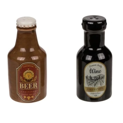 Afbeelding van Out of the Blue Peper en zout stel bier wijn flesjes keramiek cadeau setje zoutstel