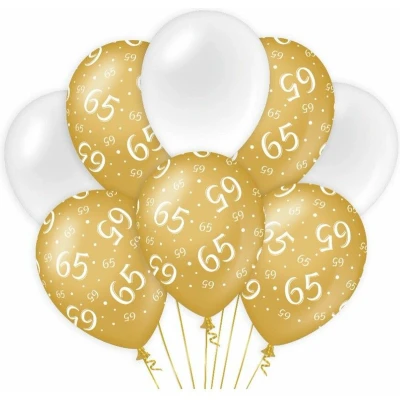 Afbeelding van Ballonnen 65 jaar Wit/Goud per 8 stuks