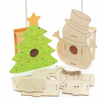 Afbeelding van Baker Ross FC167 Kerst houten vogelhuis set pak van 2, houtwerk om te versieren en weer geven, tuinambachten voor gepersonaliseerde kunst handwerkprojecten, maak je eigen kinderen