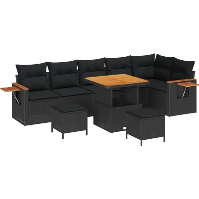 Afbeelding van vidaXL 9 Delige Tuincouchset met Kussens Zwart Poly Rattan Acacia