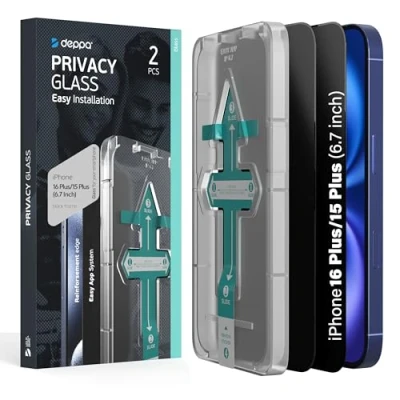 Afbeelding van Deppa [2 Stuks] Privacy Screen Protector voor iPhone 15 Plus (6.7&#039;) Schermbeschermer Gehard glas Volledige dekking met eenvoudig installatievak Anti Spy, Private, Dark, Black Film (Videogids)