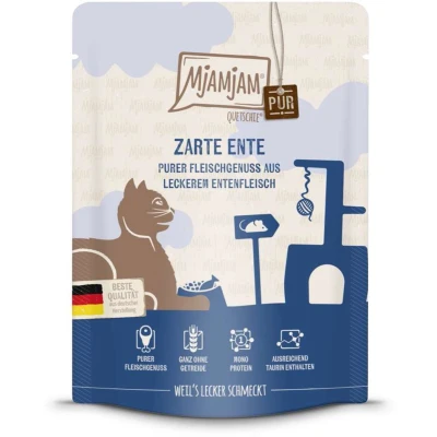 Afbeelding van MjAMjAM Premium natvoer voor katten Quetschie Puur vleesplezier malse eend puur, 1 pakje (1 x 300 g), graanvrij met extra vlees