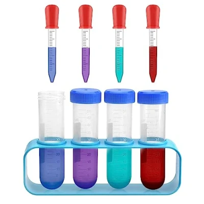 Afbeelding van DAWRIS pipet kinderen 9 stuks plastic pipetten 5 ml reageerbuizen met standaard set druppelpipetten en reageerbuizenstandaard voor creatieve laboratoriumexperimenten