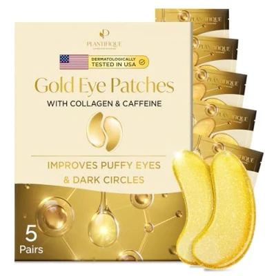 Afbeelding van PLANTIFIQUE Gouden Onder Oog Patches tegen Wallen en Donkere Kringen 5 Paar Oogmaskers met Collageen &amp; Cafeïne Hydraterende Verstevigende Oogverzorging