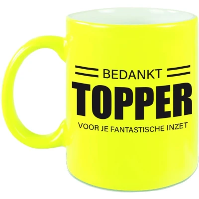 Afbeelding van Cadeau mok / beker neon geel bedankt topper voor je fantastische inzet werknemer/ afscheid collega/ pensioen c
