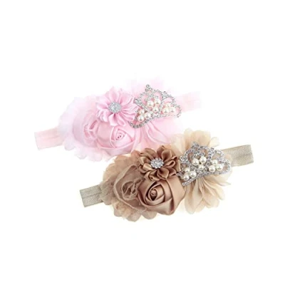 Afbeelding van Nishine Baby doop hoofdband voor kleine kinderen, meisjes, stof, bloem, tiara, stretch, elastisch, in paren (kind, roze/kaki)