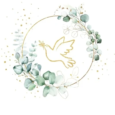 Afbeelding van 20 servetten gouden duif rond eucalyptus wit bruiloft huwelijk vrede liefde hoop knutselen decoupage servettechniek tafeldecoratie 33 x cm