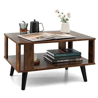 Afbeelding van COSTWAY Salontafel, met 2 niveaus, woonkamertafel plank, rechthoekige koffietafel, bijzettafel, banktafel voor woonkamer, 70 x 50 41 cm